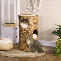 PawHut Elevated Cat Bed with Three Hideaways & Four Soft Plush Cushions, Cat Tower with Hand-Woven Materials, Multi-Layer Raised Kitten Bed Caves(m-10)