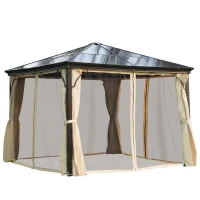Outsunny 10' x 10' Hardtop Gazebo Canopy with Polycarbonate Roof, Aluminum Frame, Permanent Pavilion Outdoor Gazebo with Netting, for Patio, Garden, Backyard, Deck, Lawn, Black, Beige(m-1)