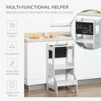 Qaba Kids Kitchen Step Stool, 2 in 1 Kitchen Table Set Toddler Standing Tower with Chalkboard, Safety Rail for Kitchen, Bathroom, Bedroom, Gray(m-6)