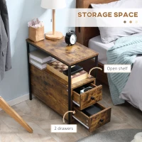 HOMCOM Side Table with 2 Drawers and Storage Shelf, Narrow End Table Nightstand with Metal Frame for Small Spaces, Rustic Brown(m-5)