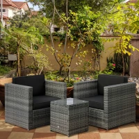 Outsunny Wicker Bistro Patio Set, 2 Porch Chairs & Glass Table, Black(m-10)