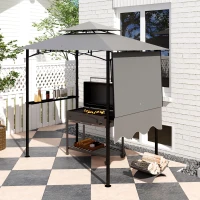 Outsunny 8' x 5' Grill Gazebo, Double Tiered Barbecue Grill Gazebo Shelter with Side Awning, 2 Side Shelves, 6 Hooks, Light Grey(m-10)