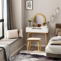 HOMCOM Makeup Vanity Table with Round Mirror and 2 Drawers, Dressing Table with Cushioned Stool Set for Bedroom (Natural Wood)(m-8)