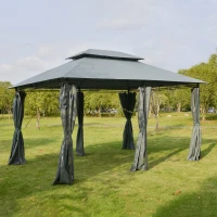 Outsunny 10' x 13' Outdoor Soft Top Gazebo Pergola with Curtains, 2-Tier Steel Frame Gazebo for Patio, Sage Gray(m-2)