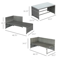 Outsunny 3 Piece Patio Furniture Set, Rattan Outdoor Sofa Set with Chaise Lounge & Loveseat, Soft Cushions, Tempered Glass Table, L-Shaped Sectional Couch, Charcoal(m-3)