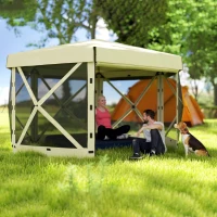 Outsunny 12' x 12' Hexagonal Pop Up Gazebo Canopy Tent with 5 Sidewalls, Outdoor Canopy Shelter with Carry Bag, Beige(m-10)