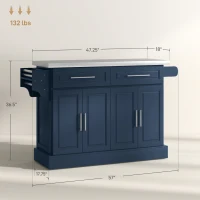 HOMCOM Rolling Kitchen Island with Stainless Steel Top, 2 Drawers, Spice, Knife and Towel Rack and Cabinets, Navy Blue(m-3)