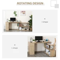 HOMCOM Rotating Computer Desk, 55" L-Shaped Desk, Corner Desk with Storage Shelves, Cabinet and Drawer for Home Office, Natural(m-5)
