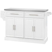 HOMCOM Rolling Kitchen Island Cart with Wheels, Portable Island Table for Kitchen with Stainless Steel Top, Adjustable Shelves, 2 Drawers, Spice, Knife and Towel Rack, White(m-1)