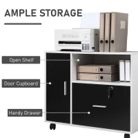 HOMCOM Lateral Filing Cabinet with Lockable Drawer and Open Storage Shelf for Hanging Legal, Letter Sized Files, Mobile Printer Stand for Home Office, Black and White(m-6)