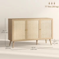 HOMCOM Kitchen Sideboard Cabinet, Boho Storage Cabinet with Shelves, Wood Legs, Decorative Rattan Doors, Natural(m-3)
