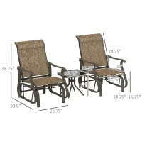 Outsunny 3-Piece Outdoor Gliders Set Bistro Set with Steel Frame, Tempered Glass Top Table for Patio, Garden, Light Mixed Brown(m-3)
