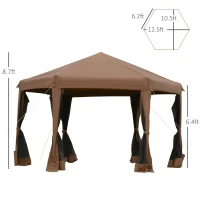 Outsunny 13' x 11' Hexagonal Pop Up Gazebo, Heavy Duty Outdoor Canopy Tent with 6 Mesh Sidewall Netting, 3-Level Adjustable Height and Strong Steel Frame, Brown(m-3)