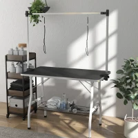 PawHut Foldable Dog Grooming Table with Adjustable Grooming Arms, Storage Shelf, Two Nooses, 42" x 24" x 61", Black(m-10)