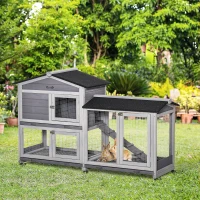 PawHut 62" Wooden Rabbit Hutch with Wheels, Run Box, Tray, Ramp for Small Animals, Guinea Pig, Indoor Outdoor Use, Light Grey(m-1)