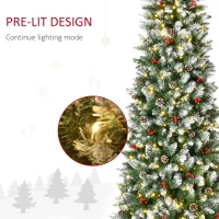 HOMCOM 7.5ft Pre-Lit Snow-Dipped Artificial Christmas Tree with Realistic Branches, 350 LED Lights, Pine Cones, Red Berries and 1075 Tips(m-5)