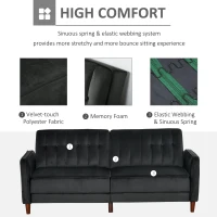 HOMCOM Convertible Sofa Sleeper Futon with Split Back Design Recline, Thick Padded Velvet-Touch Cushion Seating and Wood Legs, Black(m-6)