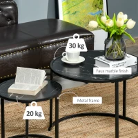 HOMCOM Round Nesting Coffee Table Set of 2, Stacking Modern Accent Tables with Faux Marble Tabletop and Metal Frame for Living Room, Black(m-5)