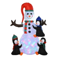 HOMCOM 6ft Christmas Inflatable Snowman with Three Penguins, Blow-Up Outdoor LED Yard Display with Rotating Colorful Light for Party, Garden, Holiday(m-11)