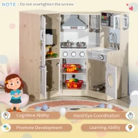 Qaba Wooden Play Kitchen with Lights Sounds, Corner Kids Kitchen Playset with Play Phone, Ice Maker, Microwave, Range Hood, Refrigerator, Utensils, Gift for Ages 3-6 Years Old, White(m-5)