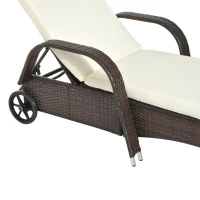 Outsunny Wicker Chaise Lounge, Outdoor Lounge Chair, PE Rattan Patio Sun lounger with Head-rest, 5-Level Height Adjust Backrest, Cushion & Wheels, Mixed Brown and Cream White(m-10)