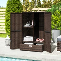 Outsunny Outdoor Storage Cabinet with Shelves, Rattan Pool Towel Storage Cabinet with Removable Shelf & Drawer, Mixed Brown(m-9)