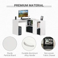 HOMCOM Convertible L-Shaped Computer Desk, Corner Table wth 3 Fabric Storage Boxes, Retractable Home Office Desk, White(m-9)