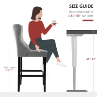 HOMCOM Upholstered Fabric Bar Stool Set of 2, Button Tufted 29.5" Seat Height Pub Chairs with Back & Wood Legs, Grey(m-7)