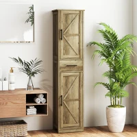 HOMCOM Farmhouse Linen Closet with Drawer, 67" Tall Bathroom Storage Cabinet with Barn Doors and Adjustable Shelves, Gray(m-10)