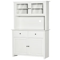 HOMCOM 63.5" Kitchen Buffet with Hutch, Pantry Storage Cabinet with 4 Shelves, Drawers, Framed Glass Doors, Open Microwave Countertop, Antique White(m-10)