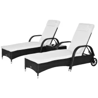 Outsunny Wicker Outdoor Chaise Lounge Chair Set of 3 with Side Table, 5-Level Adjustable Backrest PE Rattan Pool Lounge Chair with Wheels, Cushion & Headrest, Black and Cream White(m-11)