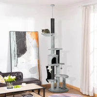 PawHut 89"-100" Floor to Ceiling Cat Tree w/ Hammock, Scratching Posts, Condo, Perches, Toy Ball, Anti-tip Kit, Grey(m-1)