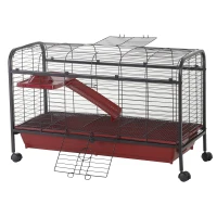 PawHut 42”Metal Wire Small Animal Pet Cage with EasyWheels for Portability & Spacious Multi-Level Design, Red and Black(m-2)