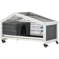 PawHut 35" Wooden Rabbit Hutch with No-leak Tray, Pet Playpen with Wheels, Water Bottle, Bunny House for Rabbits and Small Animals, Dark Gray(m-2)
