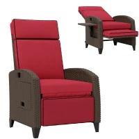 Outsunny Outdoor Recliner Chair with Adjustable Backrest, Cushion, Side Tray, Wine Red(m-11)