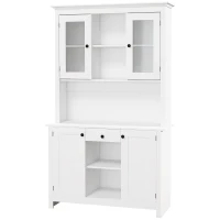HOMCOM Freestanding Rustic Buffet with Hutch, 4 Door Farmhouse Kitchen Pantry Storage Cabinet, Microwave Stand with Beadboard Panel, Drawer and Adjustable Shelves, White(m-11)