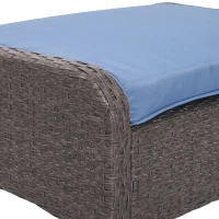 Outsunny 5pcs Patio Rattan Coffee Set Garden Wicker Bistro Set with Ottoman Yard Sofa Conversation Set Armchairs Tea Table & Footstool w/ Cushions All Weather Deck Furniture, Blue(m-10)