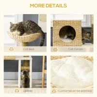 PawHut Cattail Weave Cat Tree for Indoor Cats Kitty Tower with Rattan Cat Condo, Wicker Bed, Ladder, Washable Cushions, 22.5" x 14.5" x 39.5", Natural(m-5)