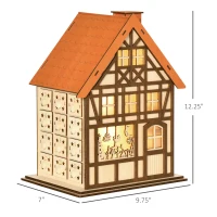HOMCOM Wooden Christmas Advent Calendar House, Light Up Table Holiday Decoration with 24 Countdown Drawers and LED Lights, for Kids and Adults, Natural and Orange(m-3)