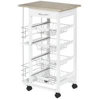 HOMCOM Rolling Kitchen Cart, Utility Storage Cart with 4 Baskets, Drawer, Side Racks, Wheels for Dining Room, Natural and White(m-11)