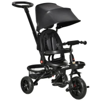 Qaba Tricycle for Toddler 4 in 1 Kids Trike with Reversible Adjustable Seat, Baby Push Bike with Removable Handle, Canopy, Belt Storage Brake Clutch for 1-5 Years, Black(m-2)
