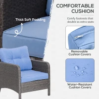 Outsunny 5 Pieces Rattan Wicker Lounge Chair Outdoor Patio Conversation Set with 2 Cushioned Chairs, 2 Ottomans and Tempered Glass Top Coffee Table, Gray/Blue(m-5)