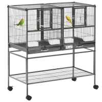 PawHut Divided Breeder Bird Cage with Rolling Stand Removable Metal Tray, Storage Shelf, Wood Perch, and Food Container(m-1)