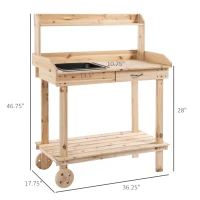 Outsunny 36" Wooden Potting Bench Work Table with 2 Removable Wheels, Garden Workstation with Removable Sink, Drawer & Large Storage Spaces, Natural(m-3)