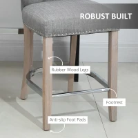 HOMCOM Bar Stools Set of 2, Upholstered Counter Height Stools with Button Tufted Back, Wood Legs and Footrest, Grey(m-7)
