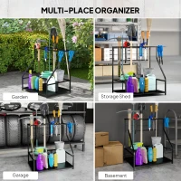 Outsunny 3-Tier Yard Tool Storage Rack, Garden Tool Organizer with Hooks for Long-Handled, Broom, Shovel, Blue(m-7)