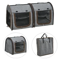PawHut 39" Portable Soft-Sided Cat Carrier, Cat Kennel, Travel Dog Crate with Divider, Two Compartments, Soft Cushions & Storage Bag, Easy to Fold, Light Gray(m-9)