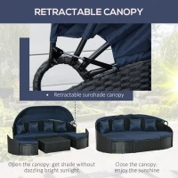 Outsunny 4 Pieces Patio PE Wicker Round Daybed, Outdoor Rattan Garden Lounge Furniture Sets, Dark Blue(m-5)