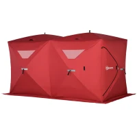 Outsunny 5-8 People Ice Fishing Shelter, Pop-Up Portable Ice Fishing Tent with Carry Bag, Two Doors, Windows and Vents, Ice Shanty for Winter Fishing, Red(m-1)
