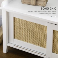 HOMCOM Entry Way Bench Shoe Storage Bench with Shoe Cabinets 2 Rattan Sliding Doors and Pine Wood Legs for Hallway White(m-4)